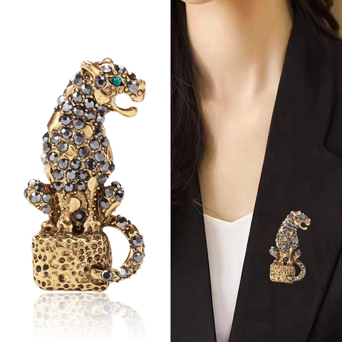 Vintage Legierung Strass Leopard Brosche Für Damen Luxus Pave Tier Panther Brosche Pin Revers Schmuck Hochzeit Party Zubehör