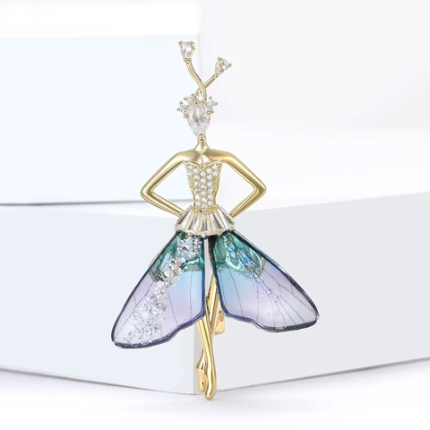 French Elegant Dancing Girl Brooch Copper Rhinestone Fairy Wing Breastpin Fashion Women Jewelry Accessory For Suit