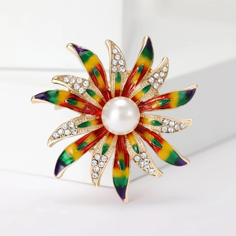 Spilla Girasole Colorata in Smalto Lega Perla Artificiale Strass Spilla Floreale per Risvolto Abito da Donna Gioielli Coreani