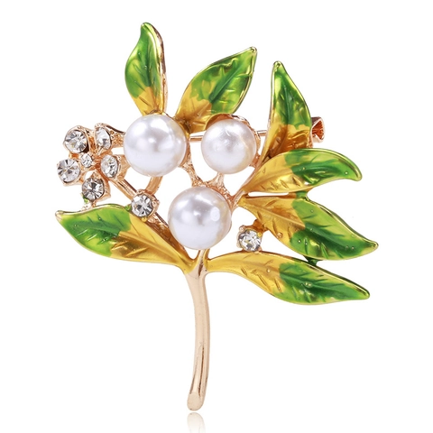 Elegante Broche de Hoja de Planta de Aleación Con Esmalte Perla Artificial y Decoración de Strass para Mujer Joyería de Traje