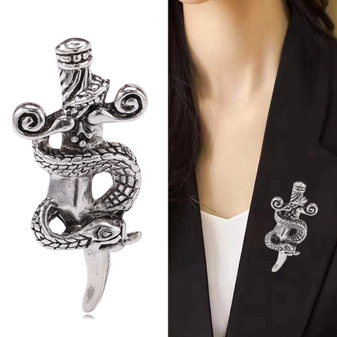 Broche Vintage Gótico De Aleación De Serpiente Alrededor De La Espada Para Mujeres Hombres Incrustado De Strass Daga Ramillete Joyería Punk