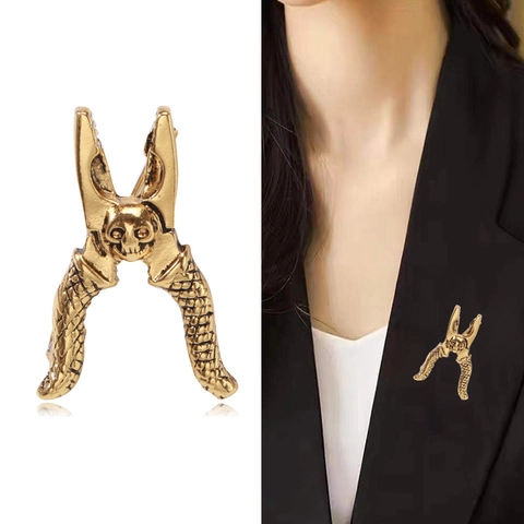 Creativo Pinza Forma Lega Strass Spilla Punk Gotico Teschio Strumento Revers Pin Oro Argento Antico Gioielli Accessori per Donna Uomo