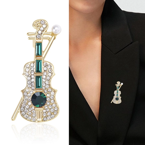 Eleganter Legierung Violine Brosche Mit Strass Und Künstliche Perle Musikinstrument Design Brosche Für Damen Anzug Zubehör