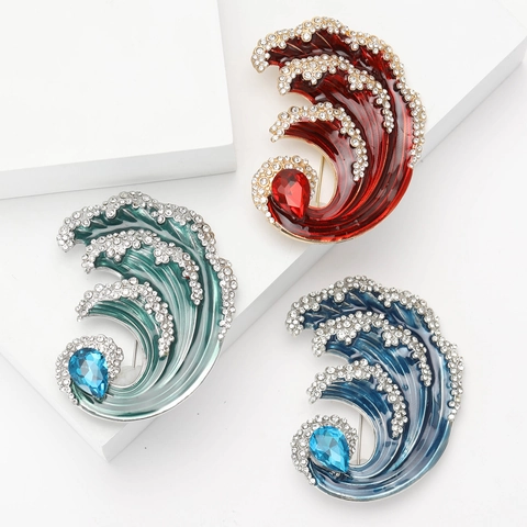 Exquisite Kreative Emaille Meereswelle Brosche Mit Strasssteinen Wassertropfen Edelstein Mode Legierung Anzug Reversnadel Schmuck