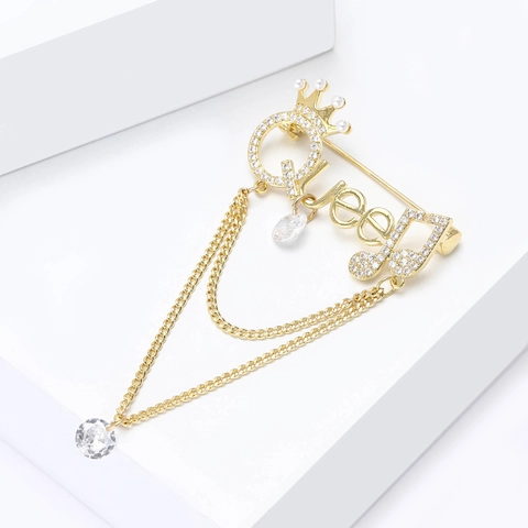 Queen Letter Brooch For Women Gold Color Micro-Inlaid Rhinestone Tassel Brooch With Crown Musical Note Elegant Brooch Pin