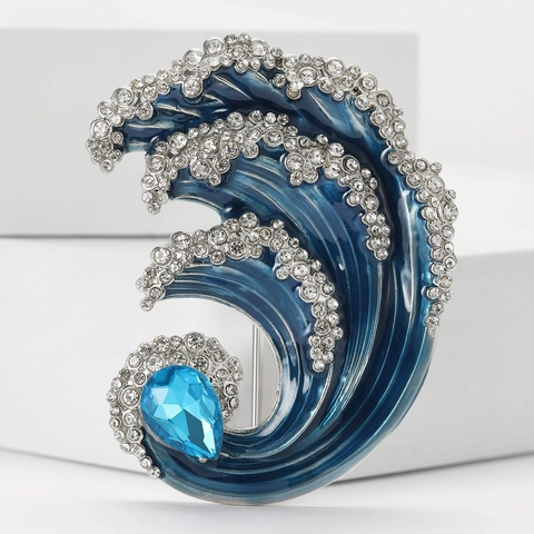 Exquisite Kreative Emaille Meereswelle Brosche Mit Strasssteinen Wassertropfen Edelstein Mode Legierung Anzug Reversnadel Schmuck