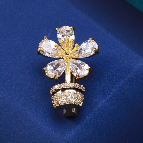 Élégante Broche Pot de Fleurs en Zirconia pour Femmes Cuivre Plaqué Or Micro Pavé Cristal Broche Accessoires de Vêtements Bijoux
