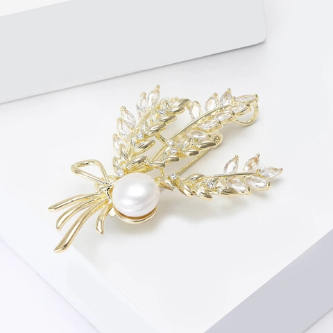 French Style Wheat Ear Brooch For Women Copper Artificial Pearl Rhinestone Inlaid Corsage Fashion Jewelry Clothing Pin