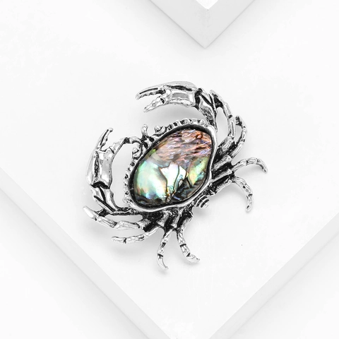 Vintage Alloy Crab Brooch For Women With Abalone Shell Inlay Retro Silver Animal Shape Pin Corsage Fashion Jewelry Accessories