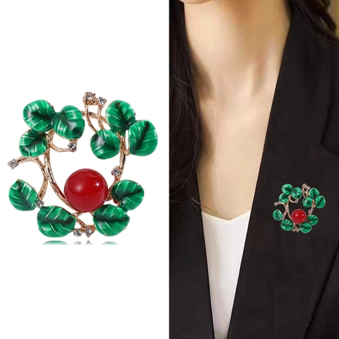 Vintage Alloy Green Enamel Leaf Wreath Brooch With Artificial Pearl Rhinestone For Women Flower Plant Pin Jewelry Gift