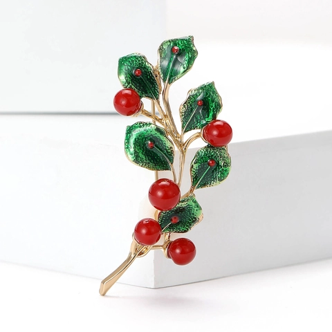 Broche de Esmalte con Hoja de Acebo y Baya de Navidad Vintage para Mujer Aleación Hoja Verde Baya Roja Blanca Perla Artificial