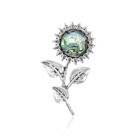 Spilla in Lega Vintage a Forma di Girasole Con Intarsio in Conchiglia di Abulone Naturale Argento Retro Accessori Per Abbigliamento Donna