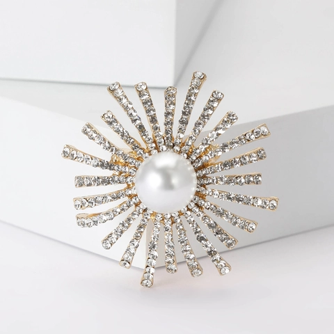 Elegant Alloy Artificial Pearl Rhinestone Sunflower Brooch Fashion Sunburst Breastpin For Women Banquet Jewelry Gift