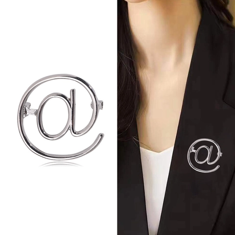 Creative Alloy @ Symbol Brooch With Rhinestone Minimalism Metallic Lapel Pin For Women Fashion Suit Clothes Accessories