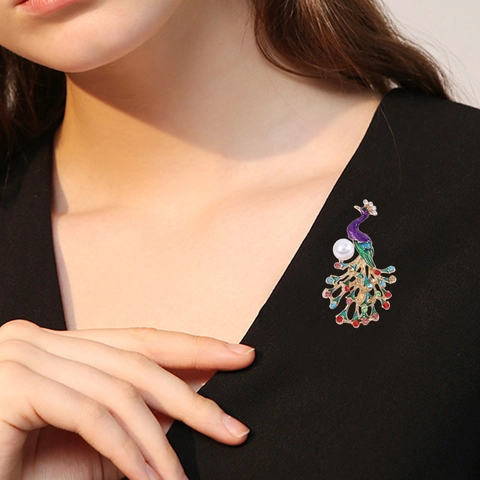 Spilla a Forma di Animale Pavone Vintage Lussuosa Con Strass Multicolore e Perla Artificiale per Gioielli da Donna
