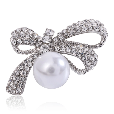 Elegant Alloy Bowknot Brooch For Women Sparkling Rhinestone Artificial Pearl Brooches Korean Fashion Anti Glare Pin Jewelry
