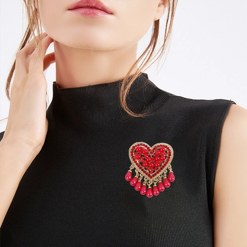 Broche de Corazón de Aleación Vintage Con Perla Artificial Y Borla de Strass Elegante Accesorio de Joyería de Moda Para Mujer