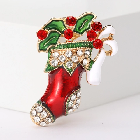 Broche Chaussette de Noël en Alliage Émail Strass Décoration Feuille de Houx Nœud pour Hommes Femmes Bijoux de Fête