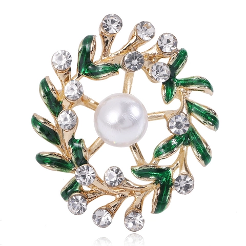 Vintage Gold Legierung Blumenkranz Brosche Mit Grünen Emaille Blättern Strass Und Künstliche Perle Anstecknadel Für Damen