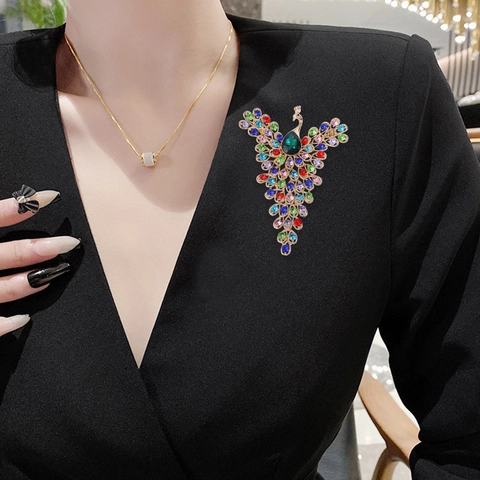 Vintage Meerkleurig Strass Pauw Brosche Legering Dier Borstspeld Mode Sieraden Voor Dames Banket Feest Kostuum Accessoire