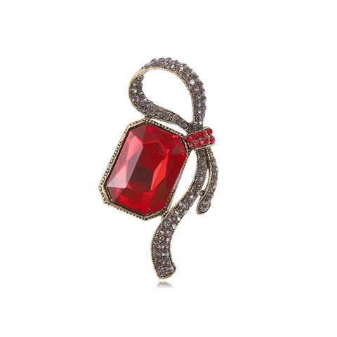 Spilla a Fiocco di Nastro in Lega Vintage Con Grande Pietra in Vetro Rettangolare e Strass Intarsiati Pin da Donna Alla Moda