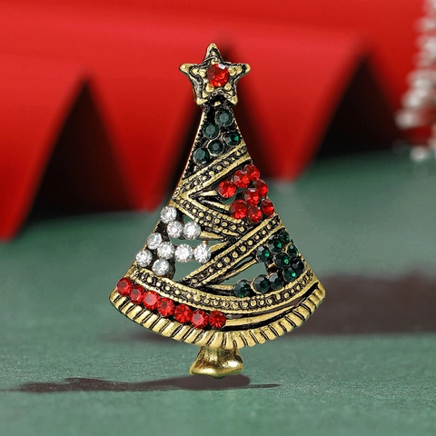Vintage Christmas Tree Brooch Antique Gold Alloy Rhinestone Inlaid Xmas Festive Pin Jewelry For Party Women Accessories