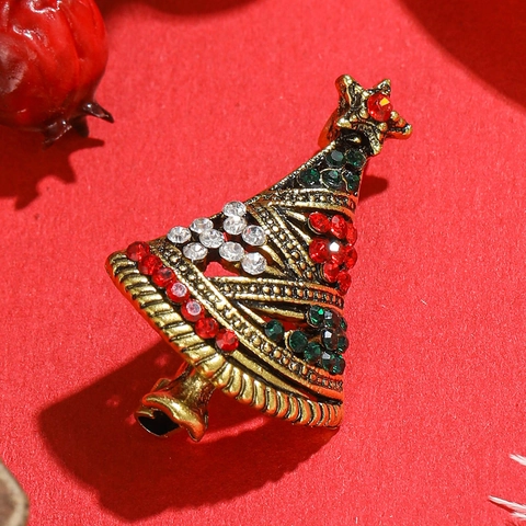 Vintage Christmas Tree Brooch Antique Gold Alloy Rhinestone Inlaid Xmas Festive Pin Jewelry For Party Women Accessories