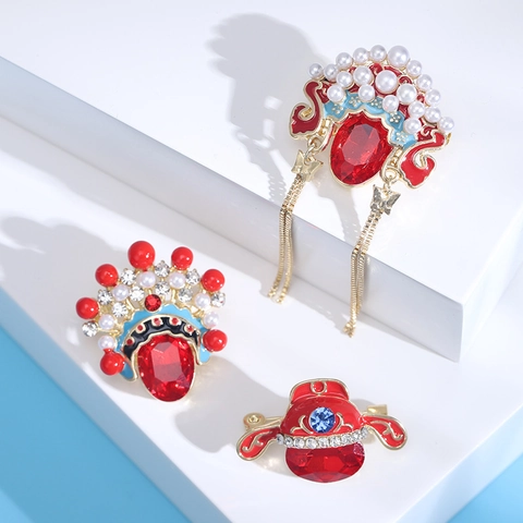 Broche en Alliage Style Chinois Masque Opéra Pékin Coiffe Rouge Bleu Émail Strass Perle Artificielle Gland Broche pour Femmes