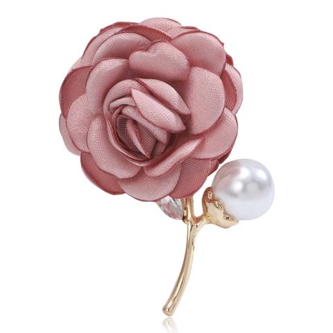 Elegant Satin Rose Flower Brooch Pin With Artificial Pearl Rhinestone Alloy Floral Stem For Women Wedding Party Clothing Accessory