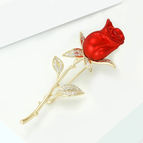 Elegant Copper Red Rose Brooch With Rhinestone Micro-Inlaid Fashion Floral Corsage For Women Coat Suit Accessory Jewelry