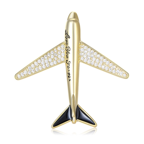 Exquisite Airplane Brooch Copper Zirconia Inlaid Suit Pin Love You Forever Lettering Gold Silver Plated Jewelry Gift