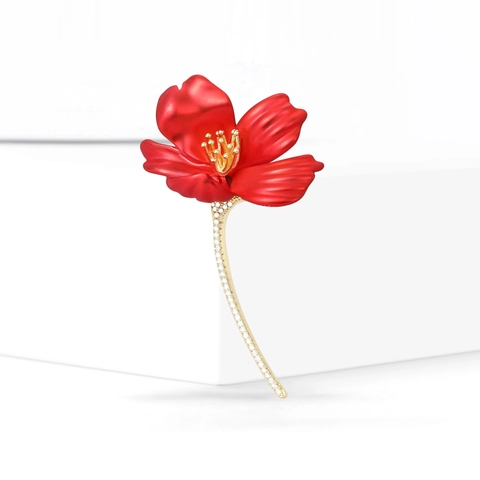 Elegante Spilla a Forma di Fiore di Ibisco Rosso Con Zirconi Incastonati in Rame per Completo da Donna Gioielli di Moda