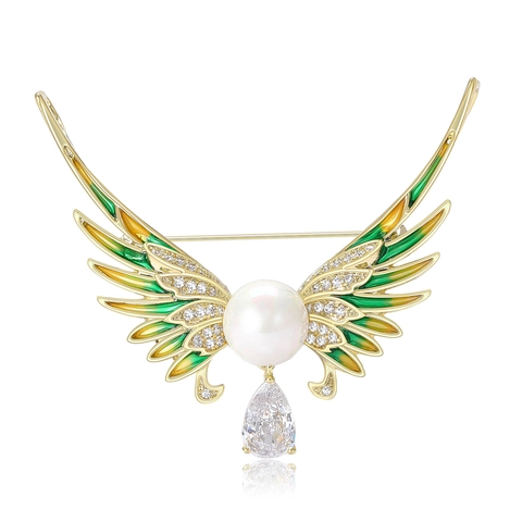 Lussuosa Spilla Ali di Angelo in Smalto di Rame Perla Naturale Zirconia Corsage Elegante Spilla Ali Vintage Per Gioielli da Donna