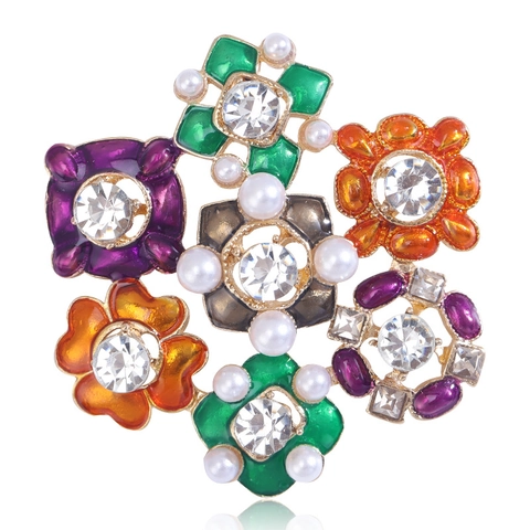 Vintage Mehrfarbige Emaille Blume Brosche Für Damen Legierung Strass Künstliche Perle Blumenstrauß Korsage Mode Schmuck Anstecknadel