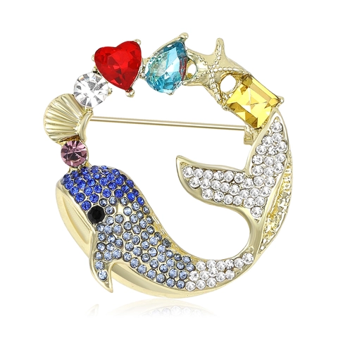 Oceaan Dier Walvis Broche Voor Vrouwen Goud Legering Strass Blauwe Walvis Ingelegd Kleurrijke Kristallen Pin Marine Thema Sieraden Accessoires