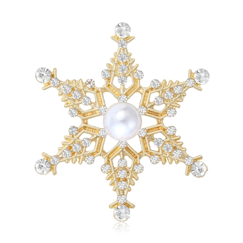 Elegant Alloy Snowflake Brooch Pin For Women Artificial Pearl Rhinestone Inlaid Hollow Design Christmas Jewelry Gift Decor
