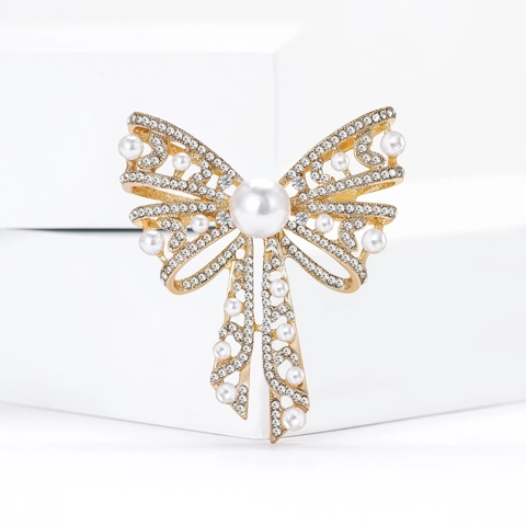 Eleganter Schleifen-Brosche Aus Legierung Mit Künstlichen Perlen Und Strass Hohl-Design Damen Anzug Zubehör Modeschmuck