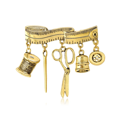 Vintage Legierung Nähwerkzeug Brosche Für Damen Antik Gold Silber Galvanisiert Strass Schere Knopf Maßband Spule Anhänger Pin Schmuck