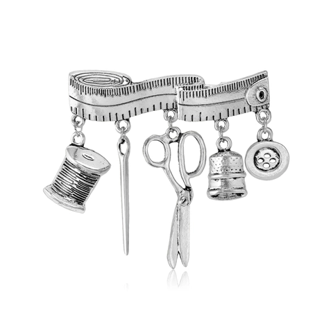Vintage Legierung Nähwerkzeug Brosche Für Damen Antik Gold Silber Galvanisiert Strass Schere Knopf Maßband Spule Anhänger Pin Schmuck