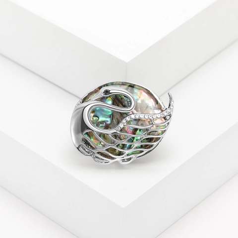 Spilla a Forma di Cigno in Conchiglia di Abulone Vintage Lega Zirconia Tono Argento Animale Moda Gioielli per Donna Accessori