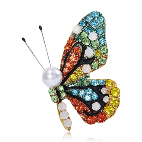 Elegant Alloy Butterfly Brooch For Women Colorful Rhinestone Inlaid Artificial Pearl Fashion Insects Pin Apparel Accessories