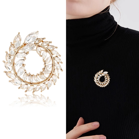 Elegant Alloy Rhinestone Wreath Brooch Sparkling Marquise Cut Olive Branch Garland Pin For Women Wedding Party Jewelry