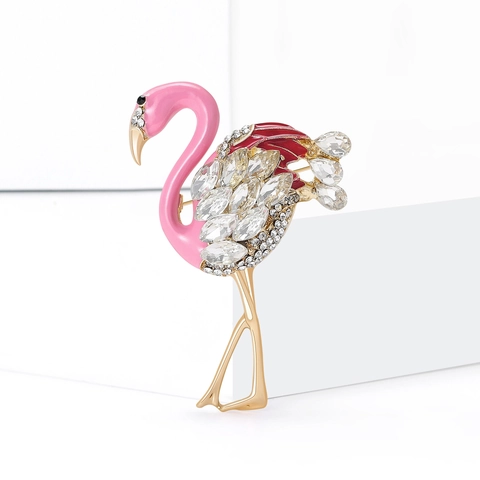 Strass Eingelegte Flamingo Brosche Rosa Emaille Gold Legierung Tier Anstecknadel Für Damen Mode Kleidung Schmuck Zubehör