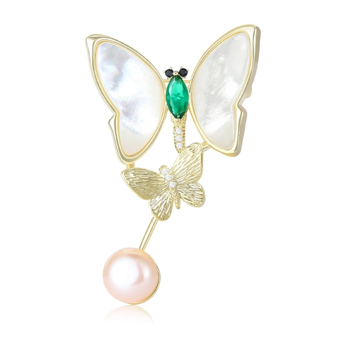 Elegante Broche de Mariposa de Cobre Con Concha Blanca Diamantes de Imitación Verdes y Perla Artificial para Mujer Joyería de Moda