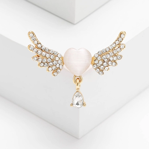 Elegant Alloy Rhinestone Heart Wings Brooch For Women Vintage Angel Wing Brooch Pin With Dangle Crystal Fashion Jewelry Accessories