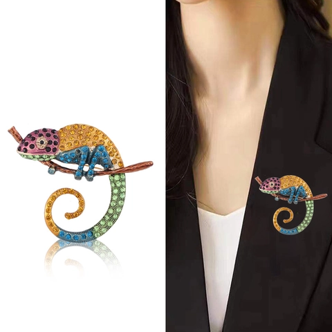 Spilla Camaleonte in Lega Vintage Colorati Strass Animale Spilla per Donna Moda Abito Pin di Risvolto Gioielli Regalo