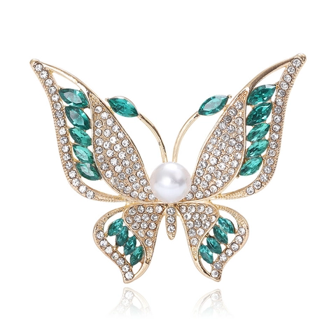 Fashion Alloy Rhinestone Butterfly Brooch For Women Exquisite Artificial Pearl Inlaid Suit Coat Apparel Pin Jewelry