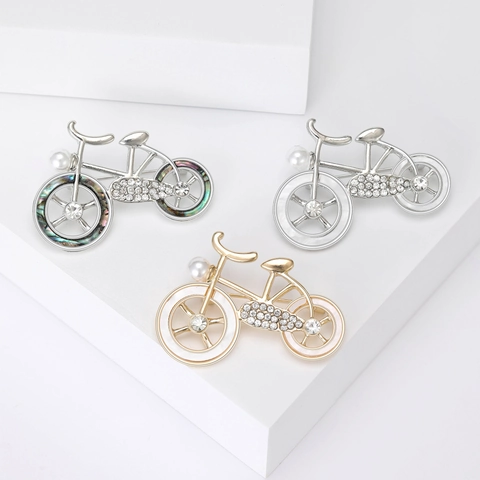 Broche Vintage con Forma de Bicicleta para Mujer Aleación con Diamantes de Imitación y Perla Artificial Incrustada Pin de Solapa Accesorio de Moda