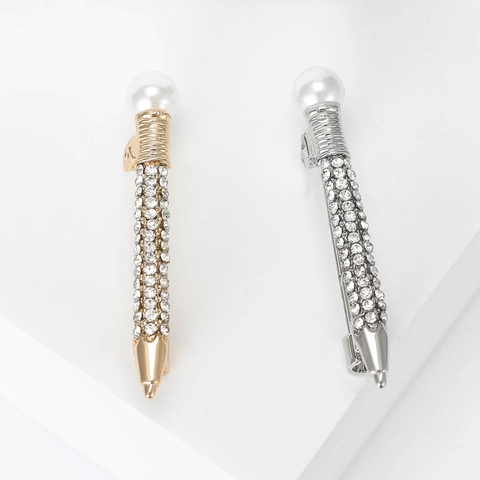 Spilla Creativa a Forma di Penna in Lega Vintage per Donna con Perla Artificiale e Strass Spilla da Bavero per Abito