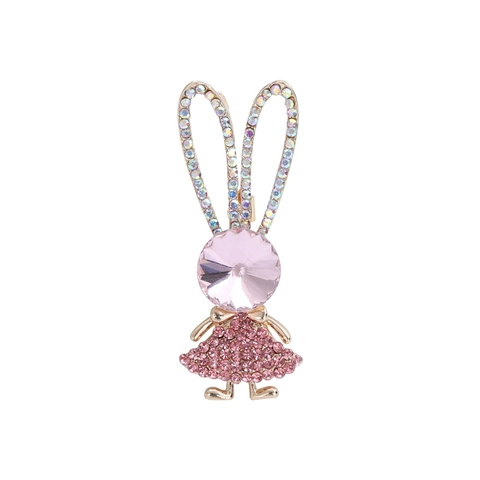 Cute Rabbit Alloy Brooch With Pink Rhinestone Decoration Artificial Crystal Fashion Anti-exposure Lapel Pin Jewelry For Women